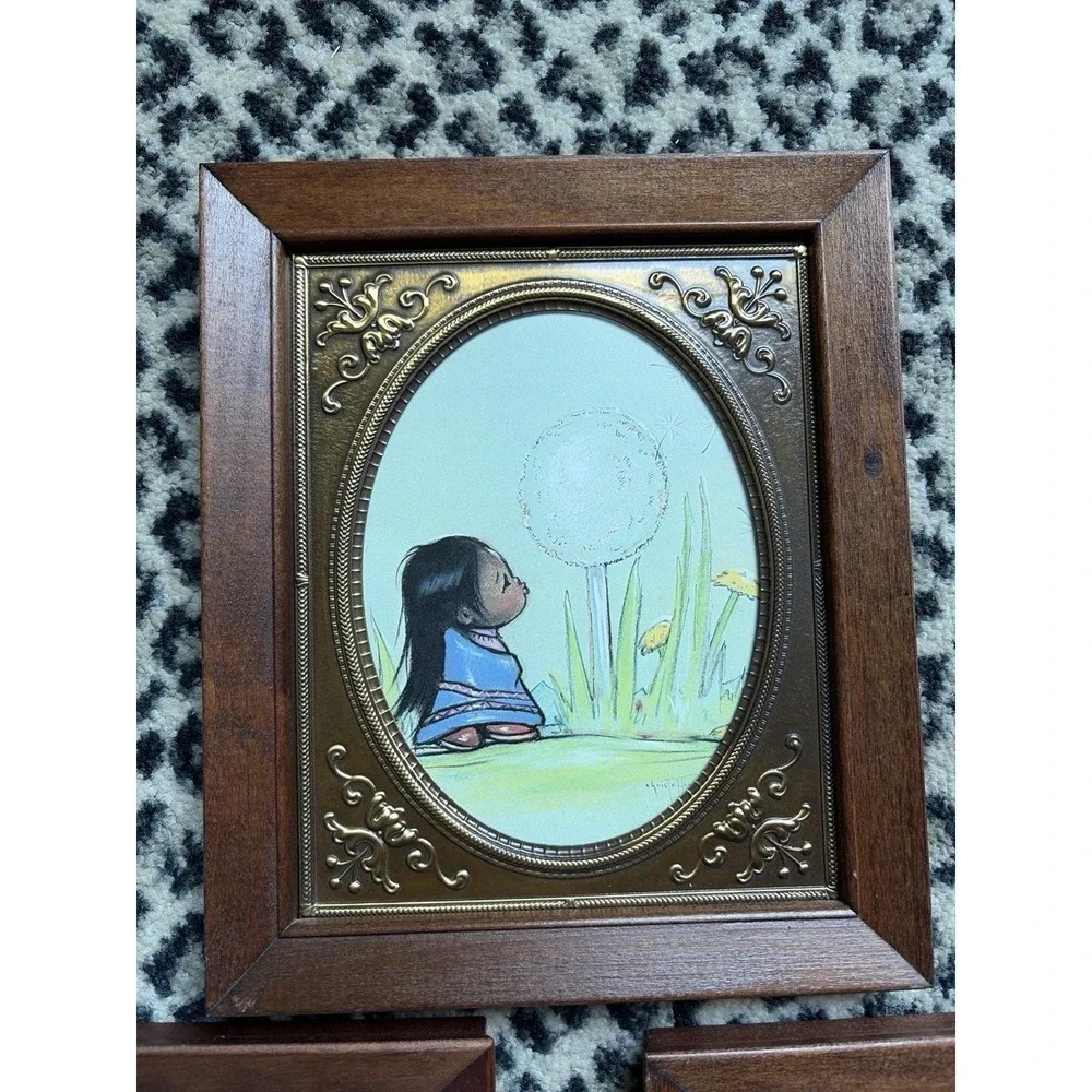 Set‎ 3 VTG Style Framed Prints Southwestern Girls Wood Brass Frame 9.75x7.75